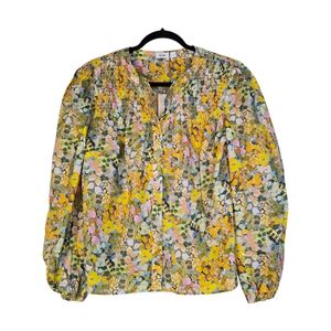 BLANK Women's Vibrant Yellow Smocked, L/Sl Floral Button Up Blouse - NWT